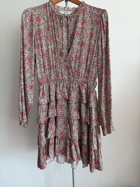 Joie Green and Pink Floral Tiered Long-Sleeve Dress